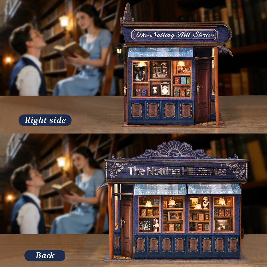 Luxury Notting Hill Bookstore DIY Book Nook Kit with LED Light — Handcrafted Wooden Miniature Diorama, Gift for Book Lovers