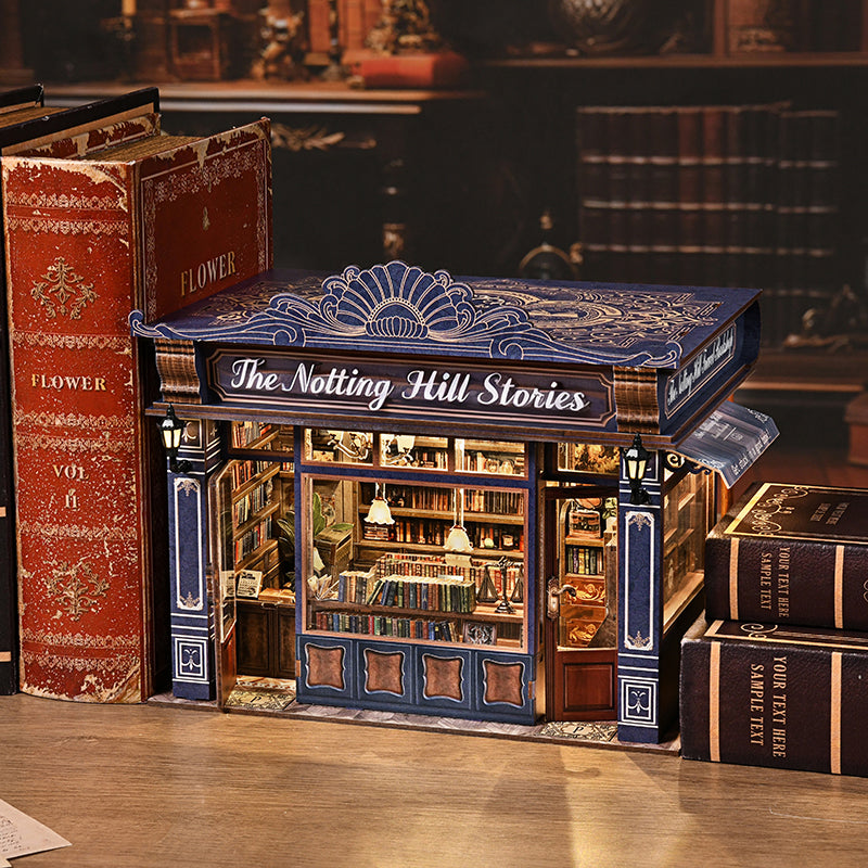 Luxury Notting Hill Bookstore DIY Book Nook Kit with LED Light — Handcrafted Wooden Miniature Diorama, Gift for Book Lovers