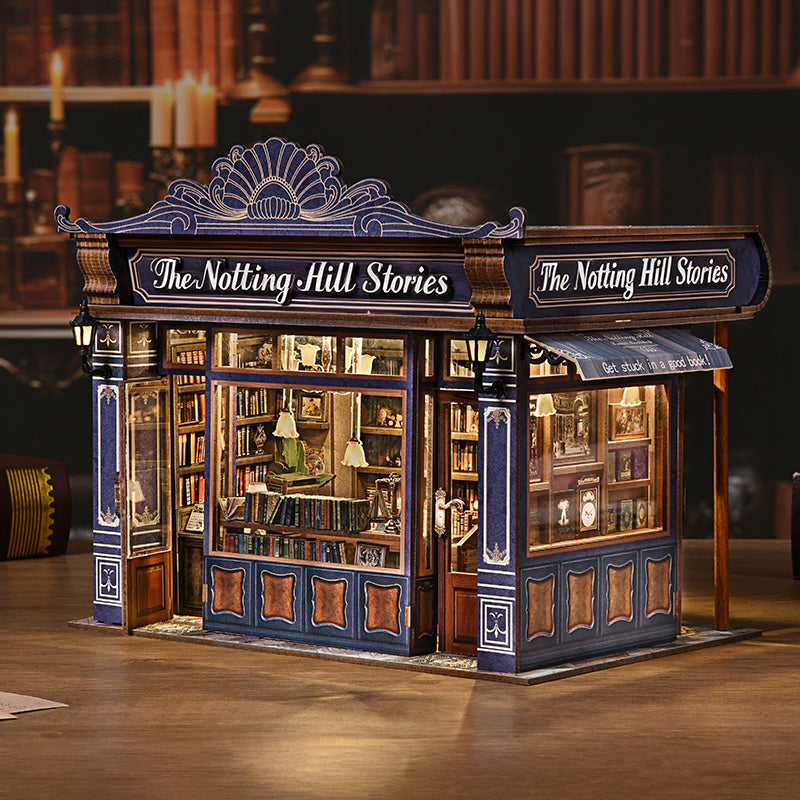 Luxury Notting Hill Bookstore DIY Book Nook Kit with LED Light — Handcrafted Wooden Miniature Diorama, Gift for Book Lovers